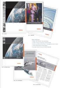 Collateral System: Designed a new collateral system with a consistent style and appearance to visually represent Raytheon as a global leader in technology. Developed a grid structure as part of the brand style, reflecting Raytheon's precise, analytical, and no-nonsense approach. Ensured the grid structure provided a unifying framework across all levels of collateral and loosely connected to the advertising template.